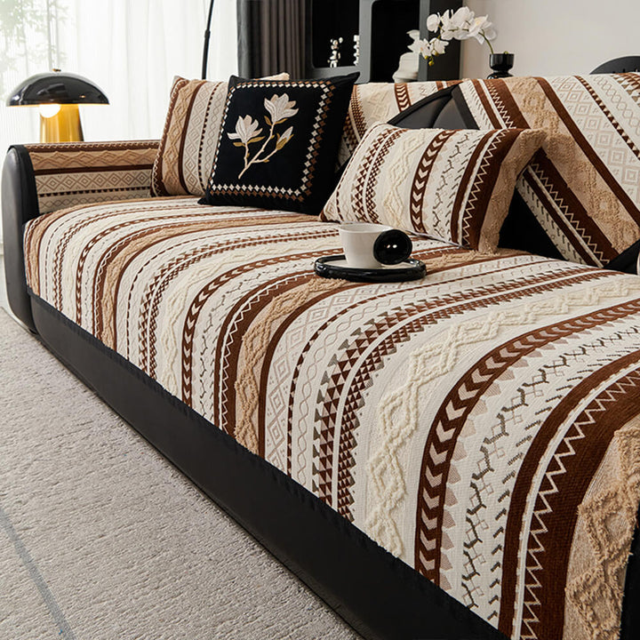 Luxurious colorblock woven suede couch cover, non-slip, enhances home decor and pet friendly.
