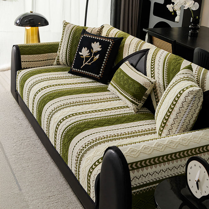 Stylish non-slip colorblock woven suede couch cover, perfect for modern home decor.