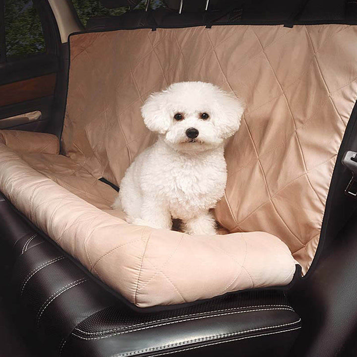 Plush dog backseat car bed, grey, ensuring comfortable and safe pet travel in vehicles.