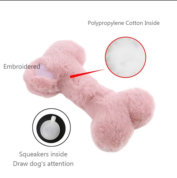 Close-up of a white plush dog bone squeaker toy, perfect for gentle chewers and interactive play