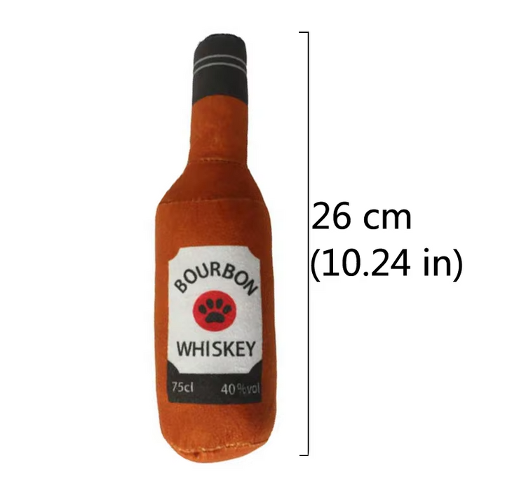 Squeaky plush dog toy, bottle design for interactive play and chewing satisfaction.