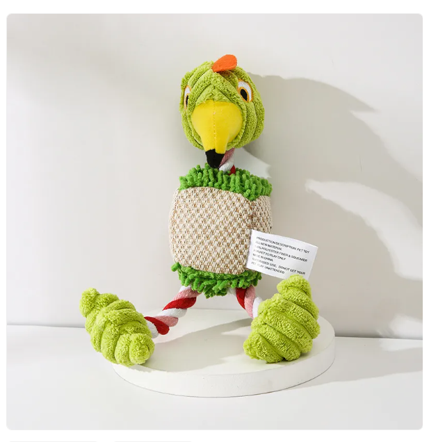 Dog enrichment plush chew toy with sturdy rope, great for solo or group play.
