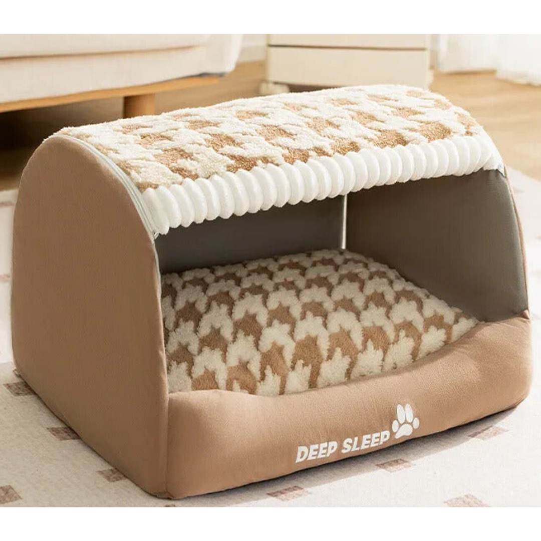 Plush enclosed dog house with a soft, washable cushion for small dogs