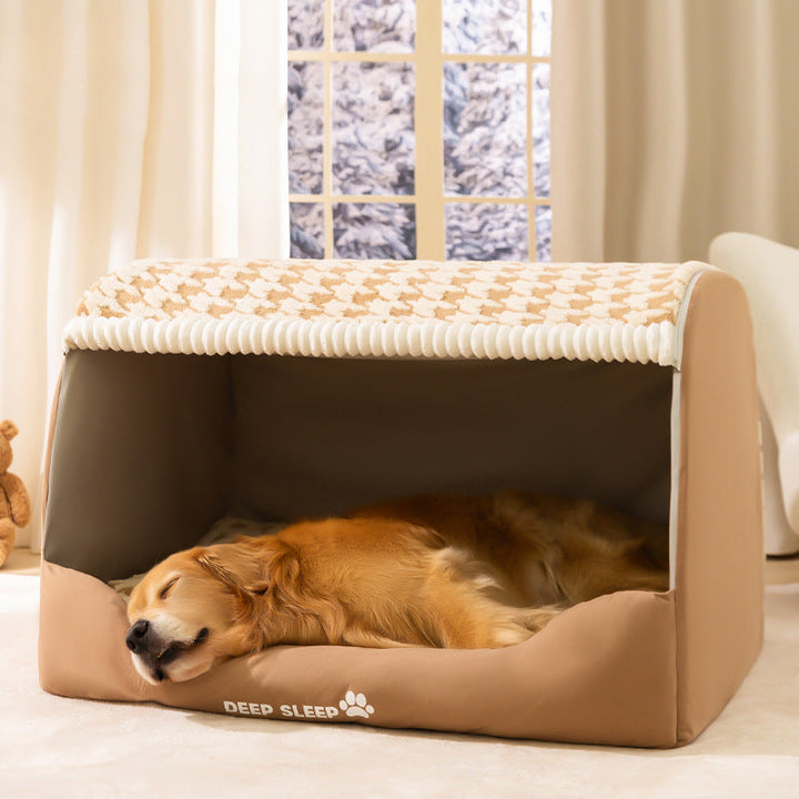 Cozy plush dog house with a removable, washable pet bed, perfect for medium dogs