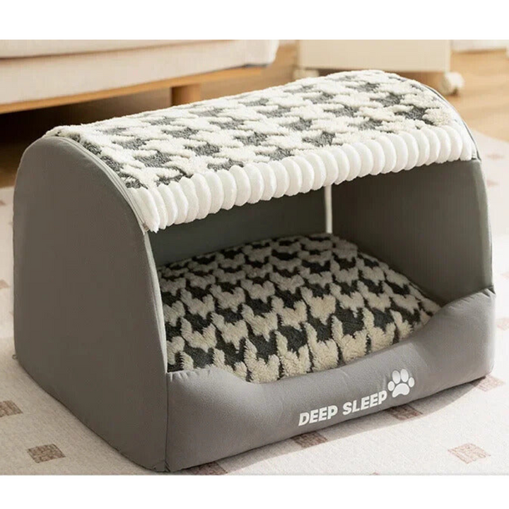 Soft, plush dog house with a machine washable cushion, ideal pet accessory for small dogs
