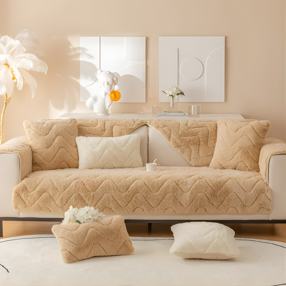Soft white faux fur sectional protector, shaggy texture, non-slip backing for secure fit, homedecor.