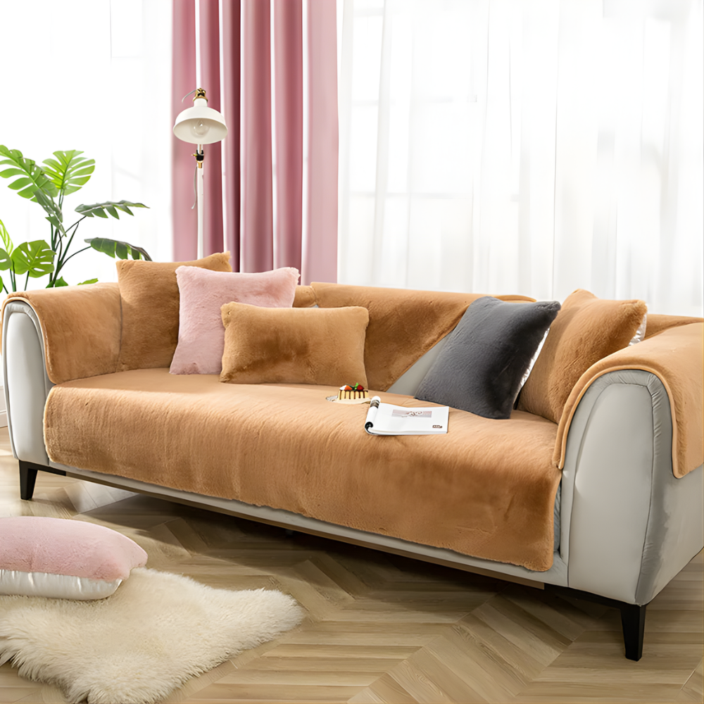 Warm taupe shaggy faux fur sectional cover, non-slip, durable furniture protector, stylish homedecor.