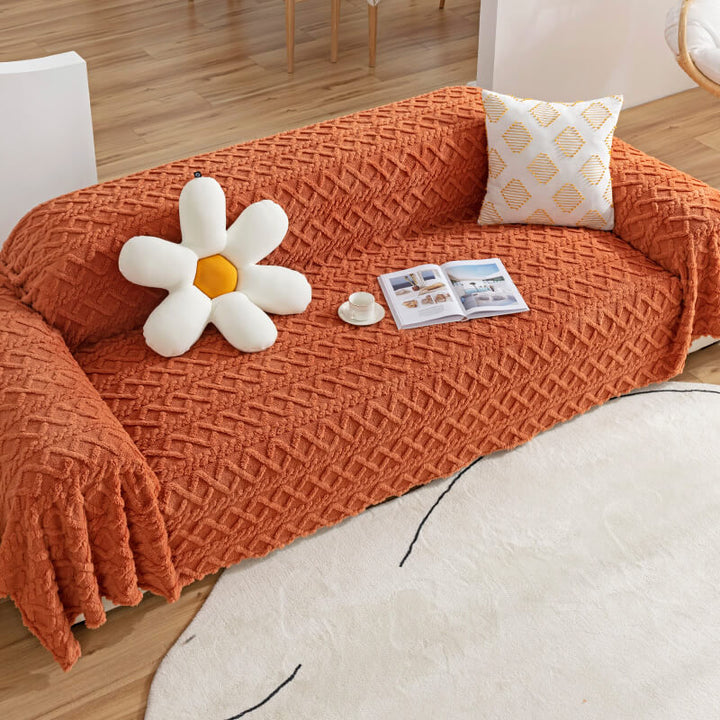 Solid brown fleece couch cover, perfect for pet owners, machine washable