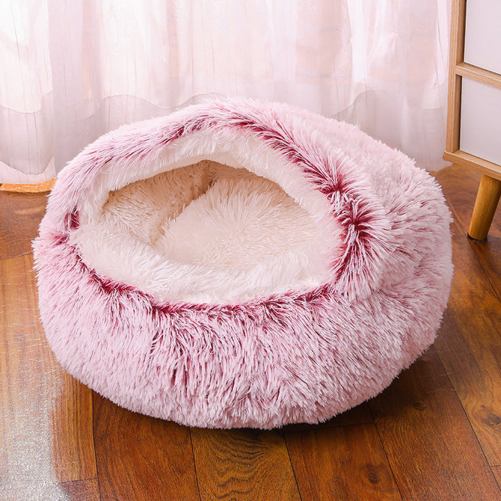 Calming cat nest bed integrated into a stylish home decor setup, blending in seamlessly