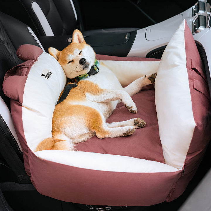 Plush pet safety car seat bed with bear ears, ensuring dog comfort & safety during travel.