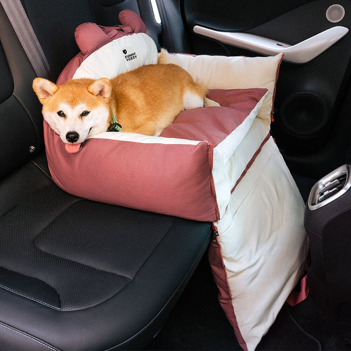 Soft dog car seat with adorable bear ears, perfect for pet travel & car accessory.