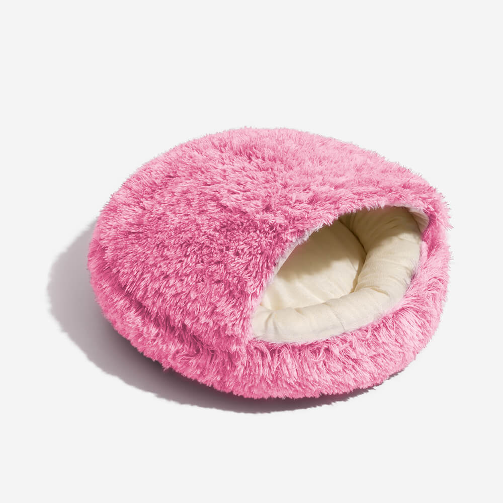 Calming dog bed for anxiety relief, plush and semi-enclosed, suitable for various small pets.