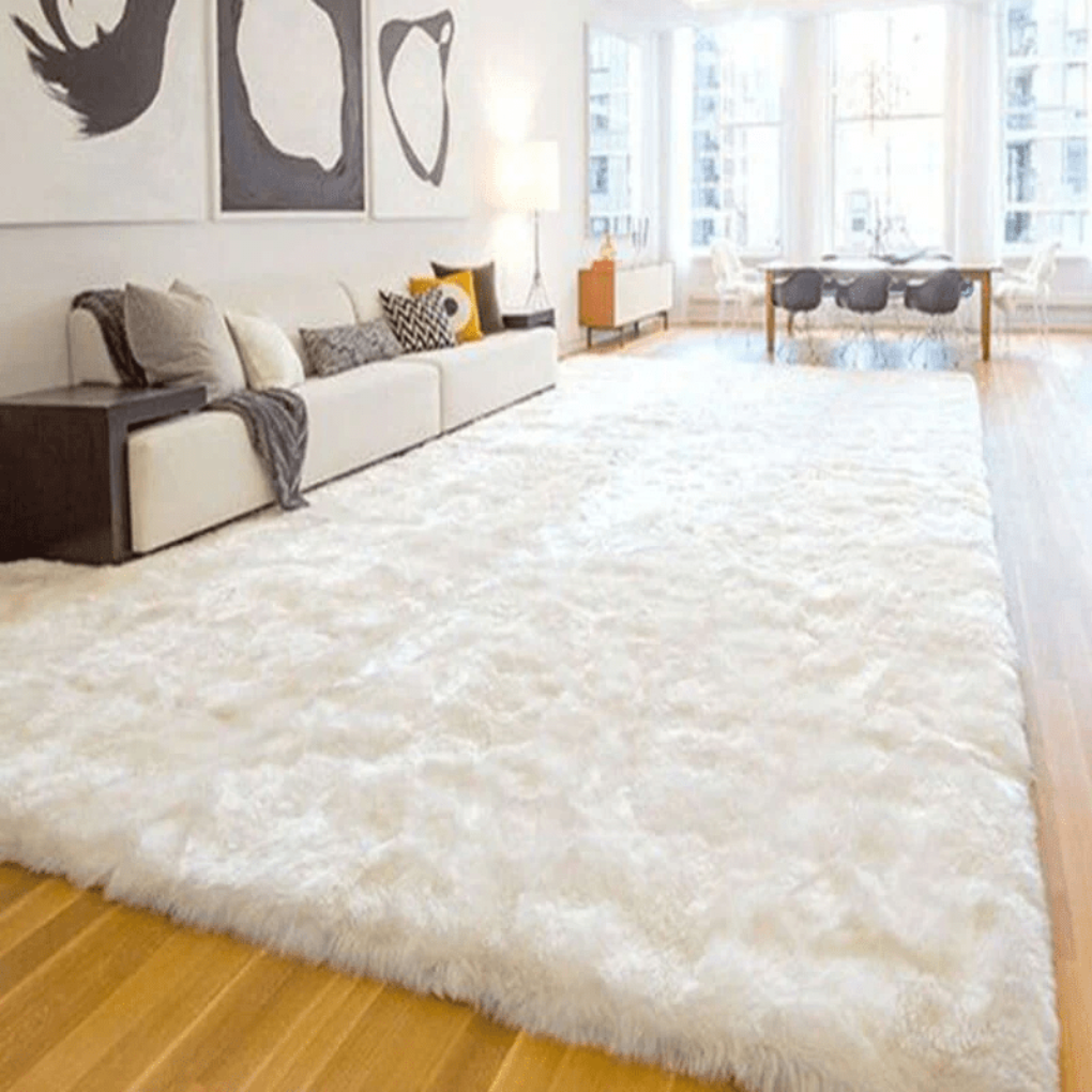 Warm faux wool shag rug in a neutral tone, ideal for living room decor
