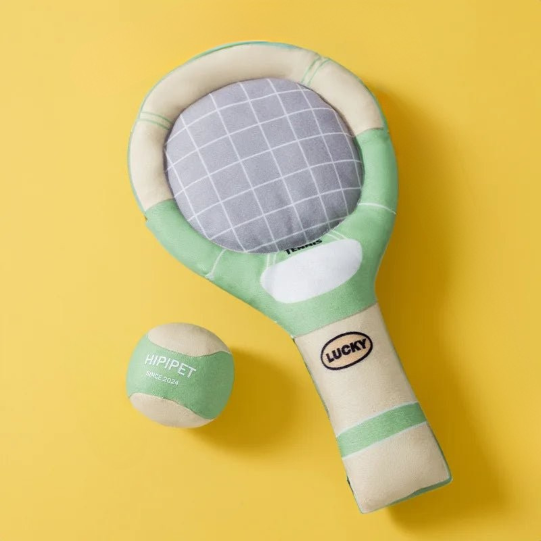 Plush tennis racket dog toy with crinkle sound for small dogs, interactive pet playtime.