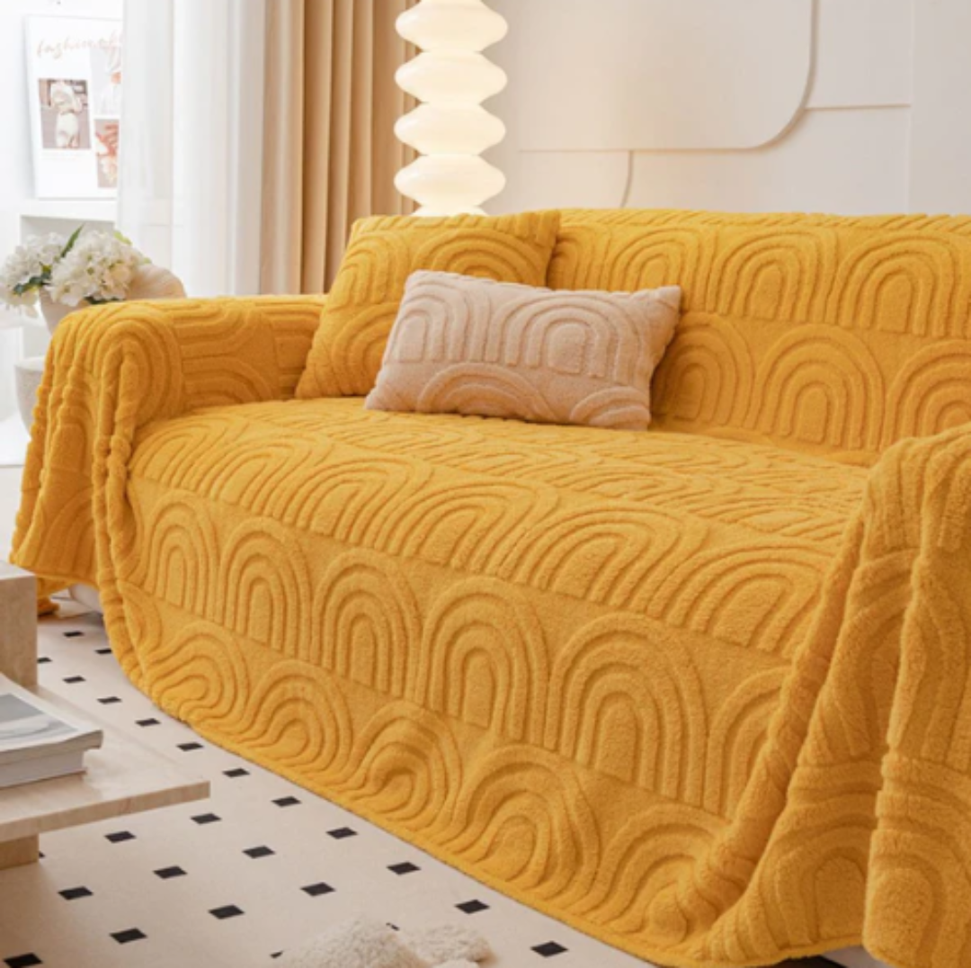 Stylish wave pattern plush couch protector in a neutral color, enhancing home decor while ensuring furniture protection.