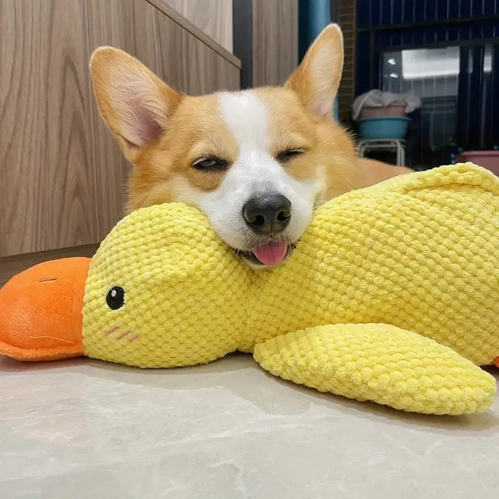 Interactive plush duck dog toy featuring a built-in squeaker and durable fabric for gentle chewing entertainment.