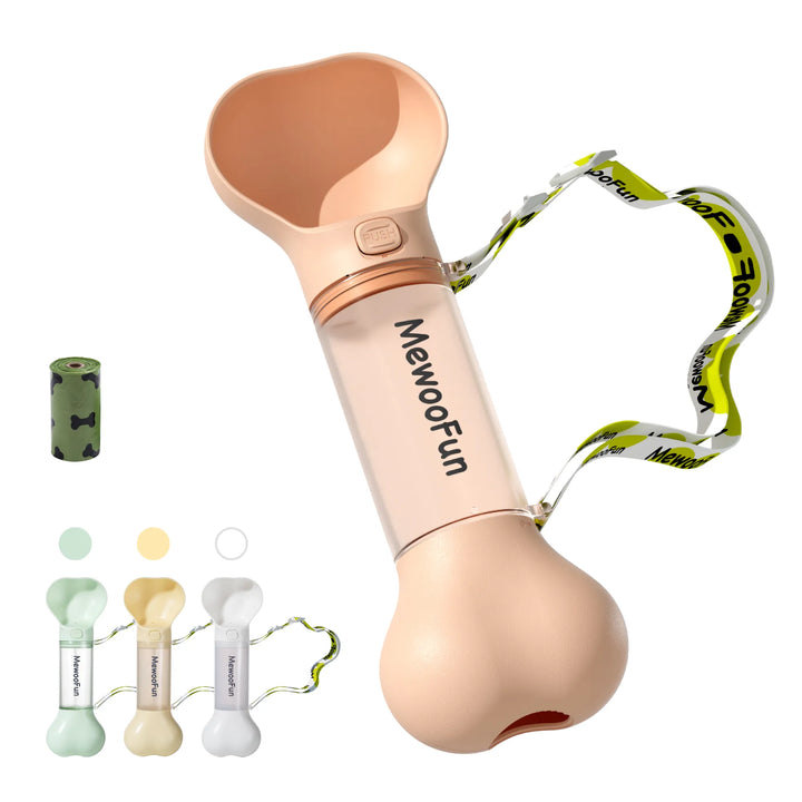 Dog accessories: bone-shaped water bottle with integrated bowl, ideal for pet hydration