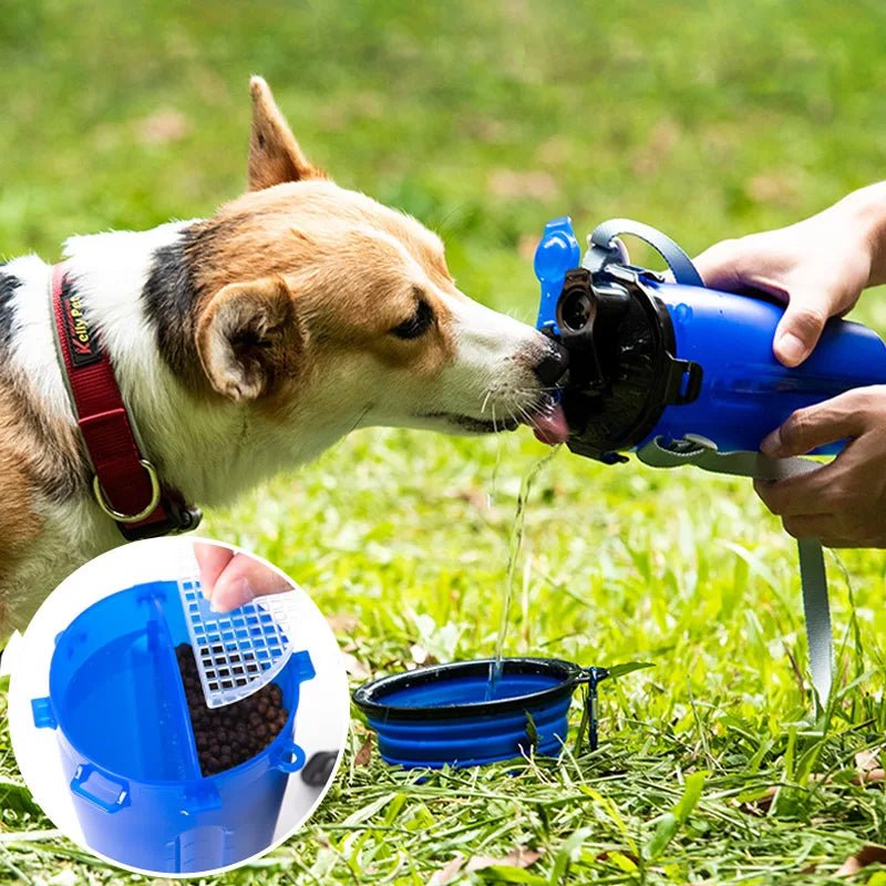 Compact dog water bottle with integrated food dispenser, essential outdoor pet accessory