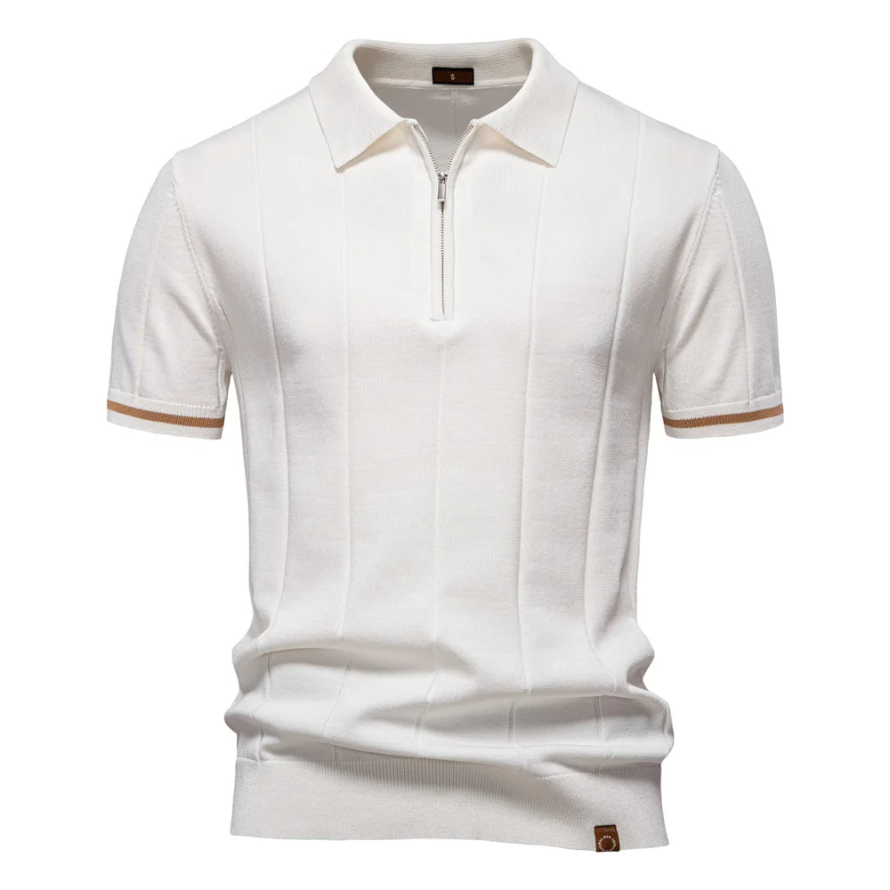 High-quality men's quarter-zip knit polo shirt, perfect for a smart casual or relaxed stylish outfit.