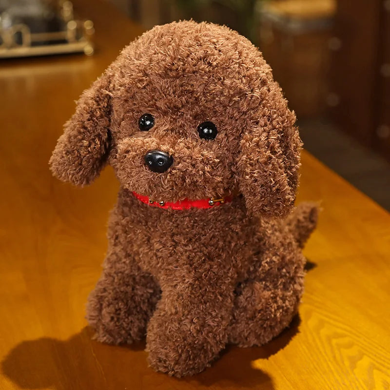Child hugging a realistic plush dog toy, a soft cuddly stuffed animal, ideal for imaginative playtime