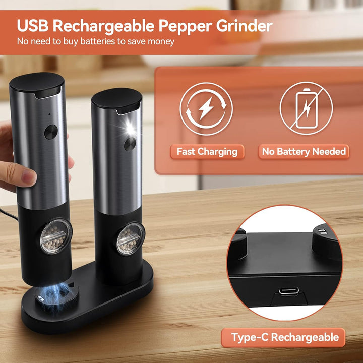 Sleek stainless steel electric salt & pepper mill set. Modern kitchen tool with LED light, easy to use.