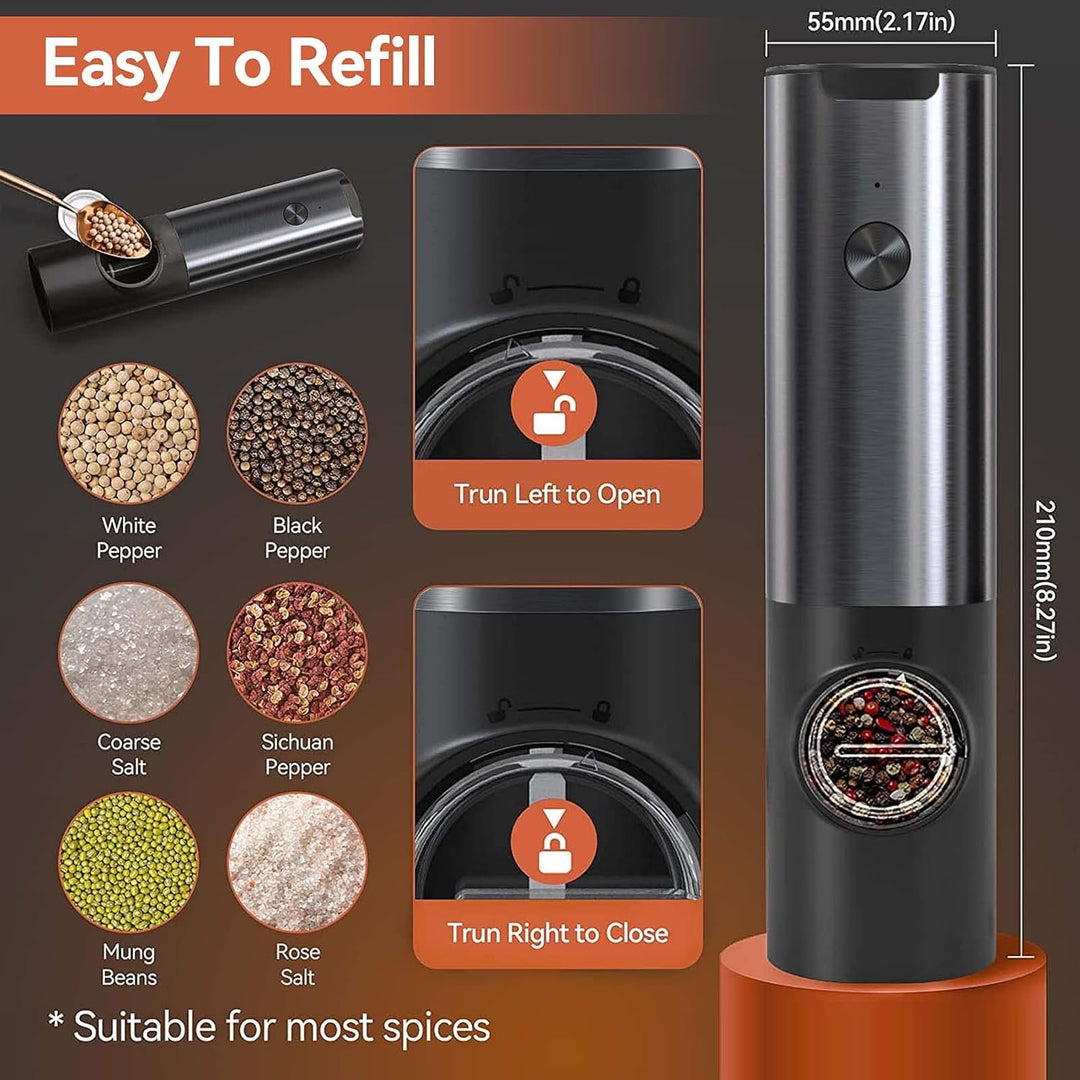 Dual electric salt and pepper grinder set with adjustable coarseness. Perfect rechargeable kitchen seasoning tool.