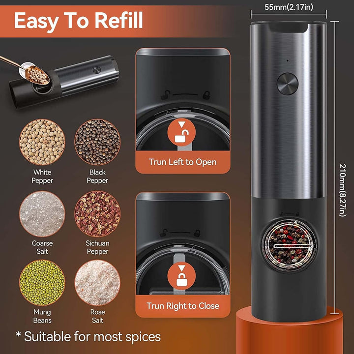 Dual electric salt and pepper grinder set with adjustable coarseness. Perfect rechargeable kitchen seasoning tool.
