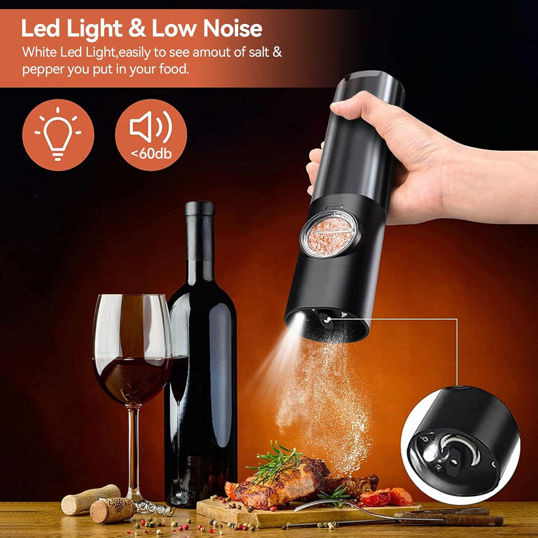 One-hand electric pepper mill and salt grinder set. Rechargeable stainless steel kitchen tool with LED light.