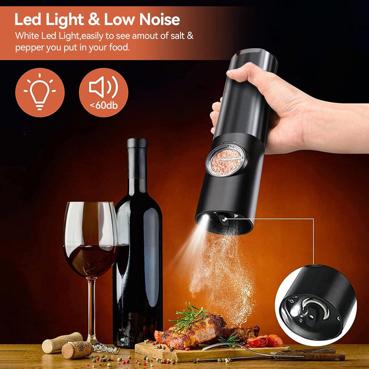One-hand electric pepper mill and salt grinder set. Rechargeable stainless steel kitchen tool with LED light.