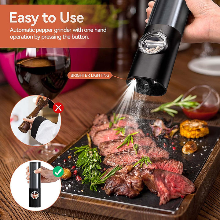 Effortless seasoning with electric salt & pepper grinders. Adjustable grind, LED light, one-hand control for cooking.