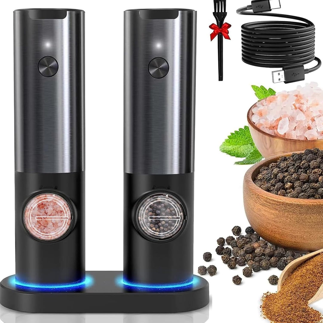 Electric salt & pepper mill set with LED light, rechargeable, automatic, for home kitchen cooking.