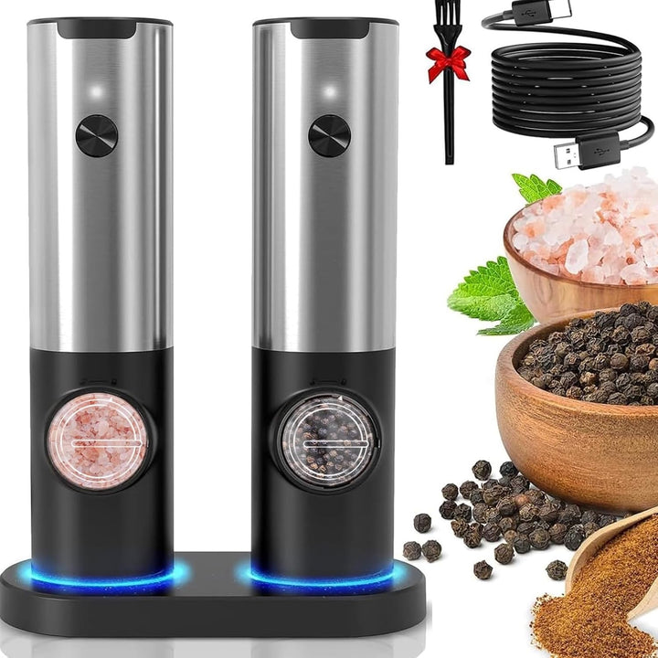 Rechargeable electric salt grinder & pepper mill set for kitchen, one-hand operation, easy seasoning.