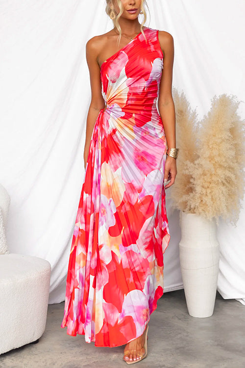 Elegant women's floral pleated maxi dress in red, ideal for wedding guests & formal events.