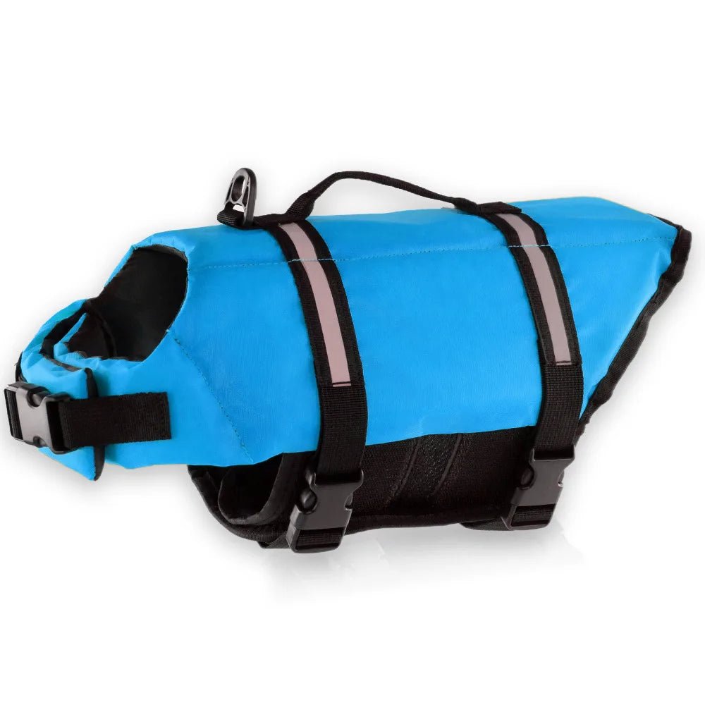 Reflective dog life vest in orange for visibility, pet safety during water activities, buoyant canine gear.