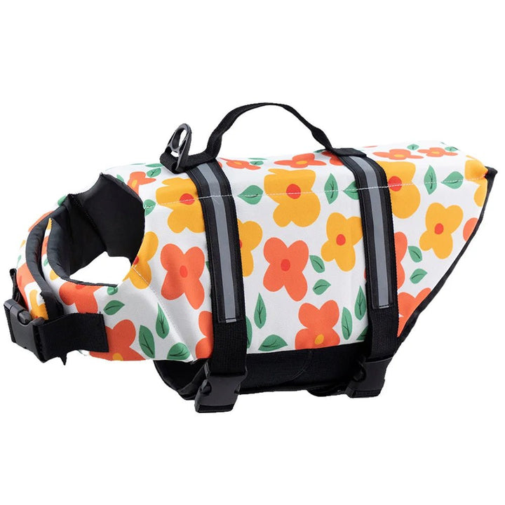 Reflective dog life vest in action: dog jumping into water, displaying buoyancy and security.