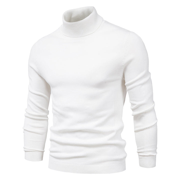 Men's modern fitted ribbed turtleneck sweater in a versatile black knit, perfect for elegant winter layering.