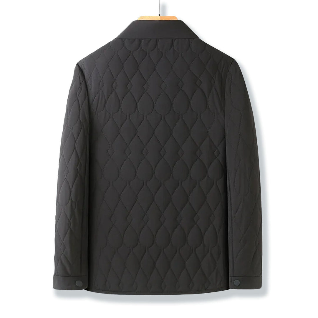 Men's collared quilted button-down jacket, featuring secure closure and fashionable design details.