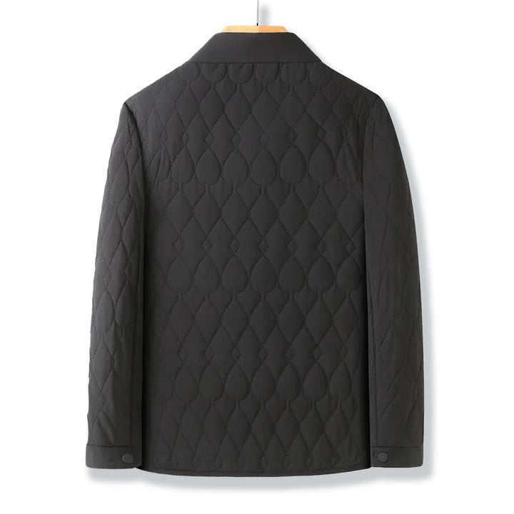 Men's collared quilted button-down jacket, featuring secure closure and fashionable design details.