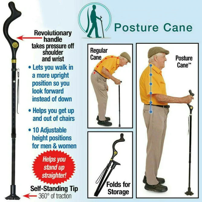 Close-up of a senior holding an adjustable walking stick, demonstrating enhanced balance & support.