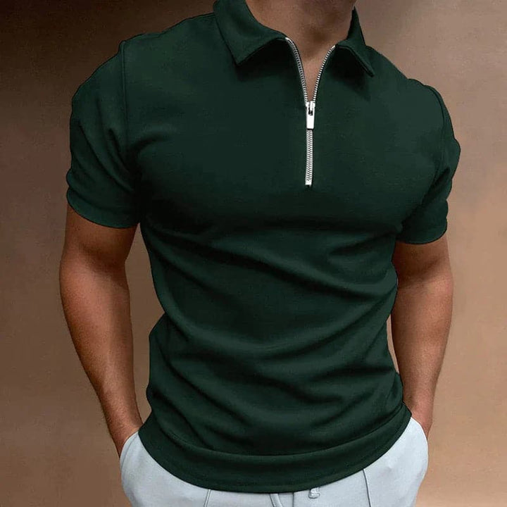 Men's fashion modern fitted zip polo shirt, short sleeve, ideal for versatile casual & summer wear.