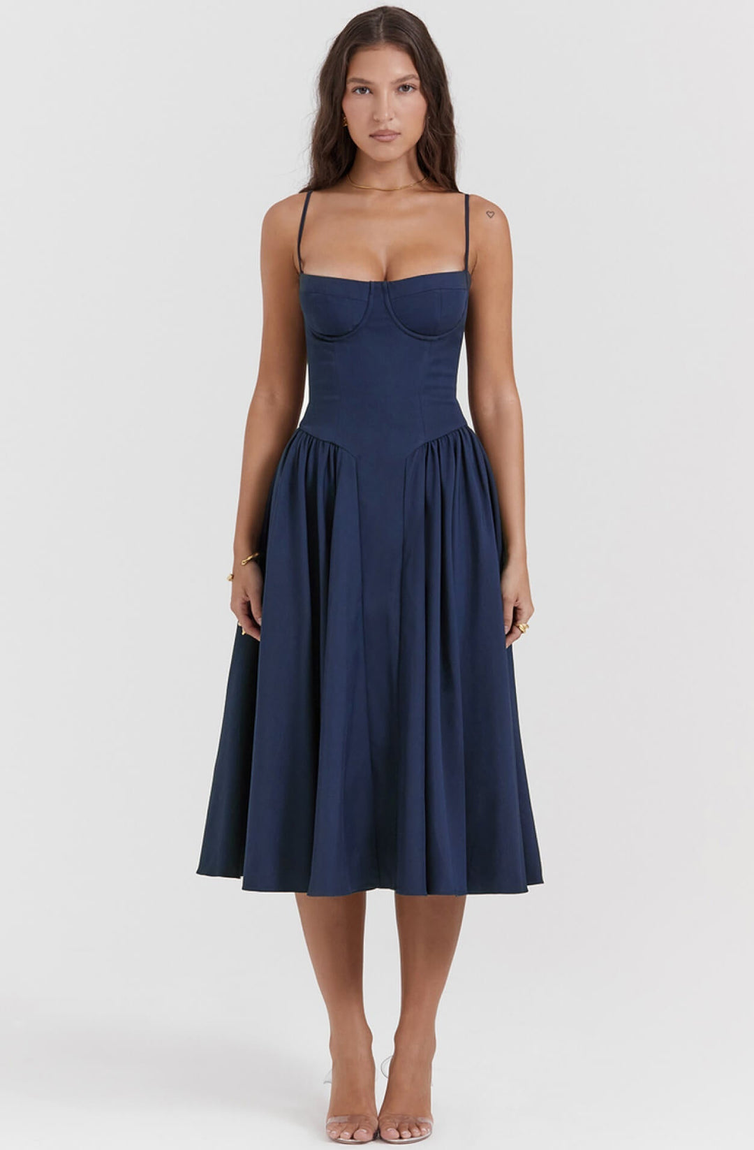 Sophisticated taupe bodycon midi dress with a stylish corset design, perfect for cocktails.