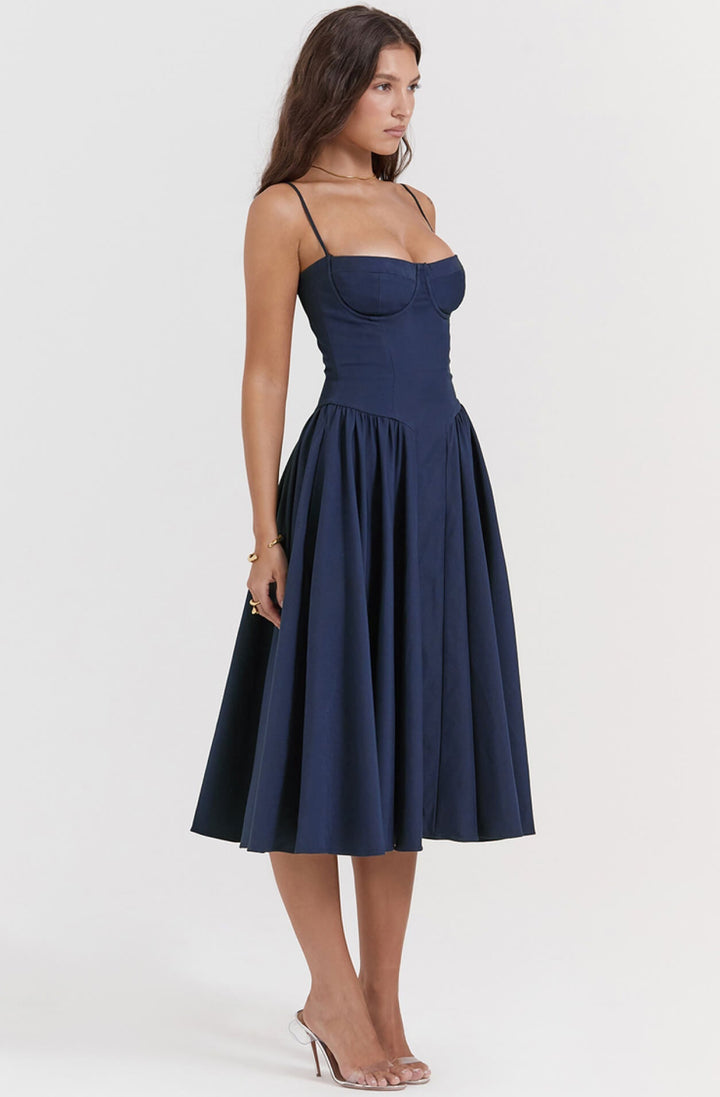 Navy corset midi dress for women, an elegant bodycon style perfect for parties & special events.