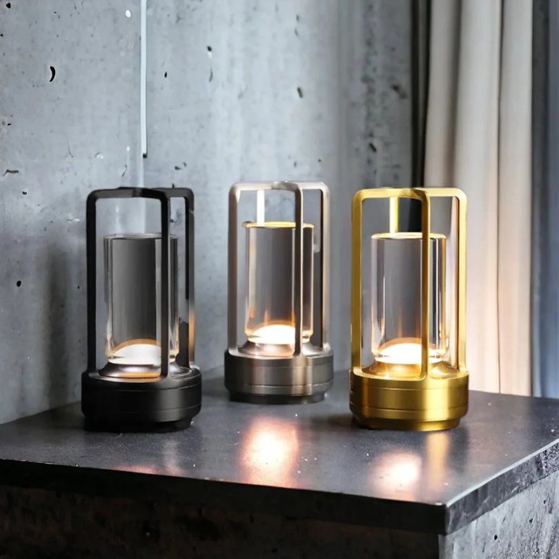 Portable wireless LED table lamp for home lighting. Dimmable touch control, rechargeable, modern accent decor.