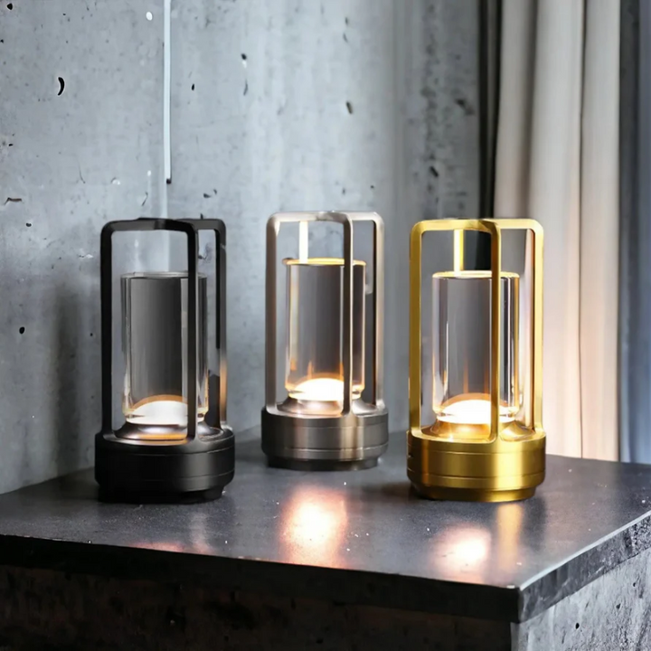 Portable wireless LED table lamp for home lighting. Dimmable touch control, rechargeable, modern accent decor.