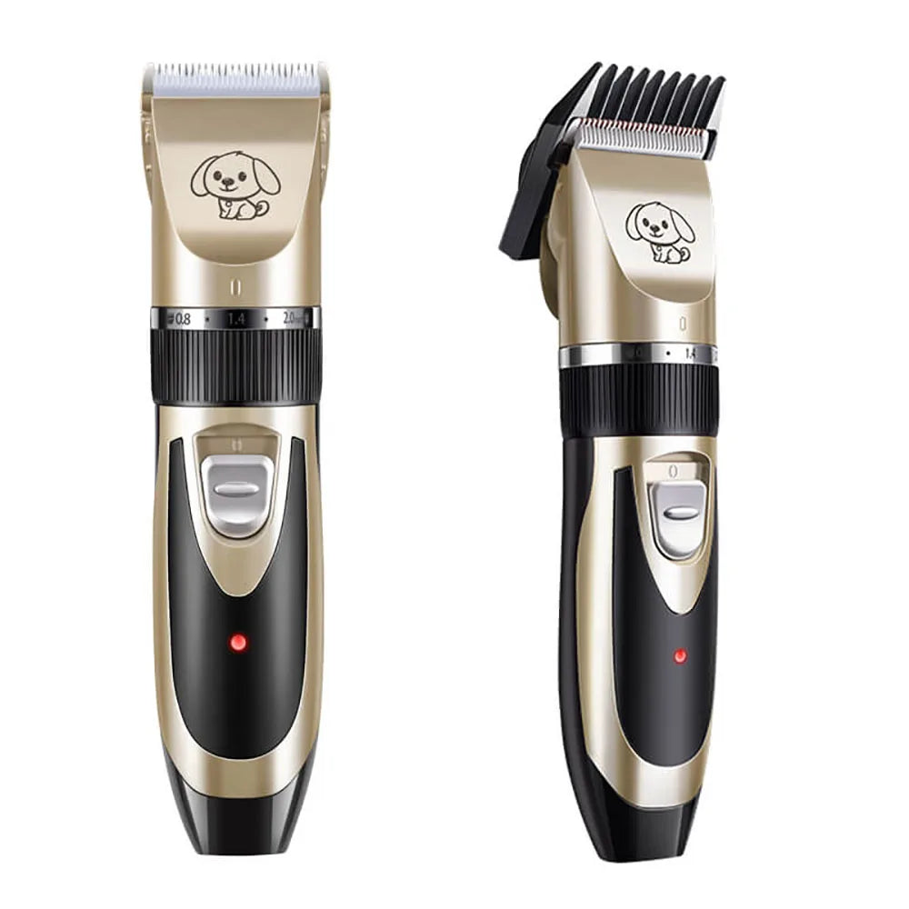 Packaging of the silent dog grooming clippers, highlighting features like low noise and cordless operation.