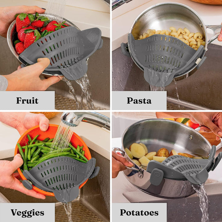 Blue silicone clip-on colander for efficient pasta draining. Space-saving kitchen strainer gadget.
