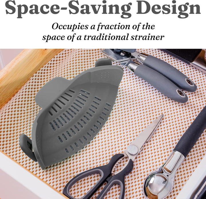 Durable heat-resistant silicone clip-on strainer, perfect for pasta, veggies, & draining.