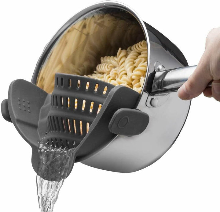 Clip-on silicone strainer for easy pasta & vegetable draining. Heat-resistant kitchen colander.