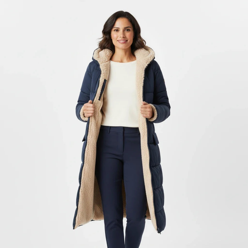 Women's warm puffer coat with a hood, perfect for casual winter style.
