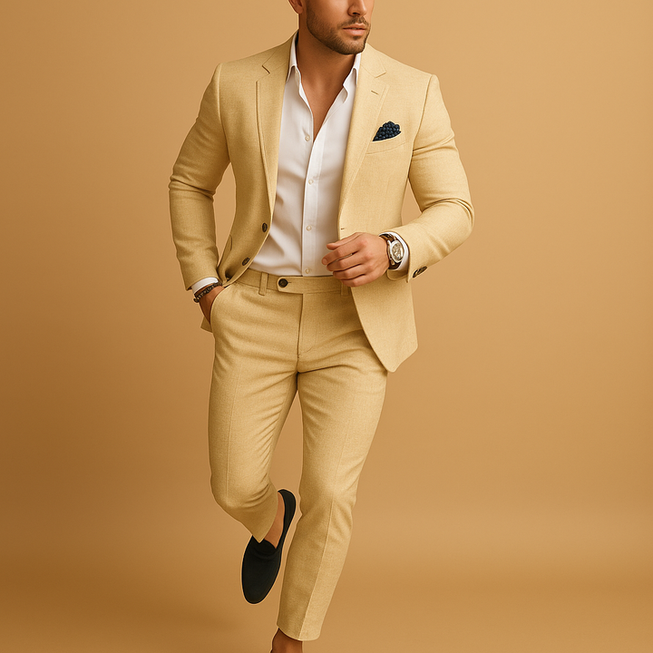 Men's two-piece slim fit suit, featuring a stylish blazer and coordinating trousers, perfect for sharp formal occasions.